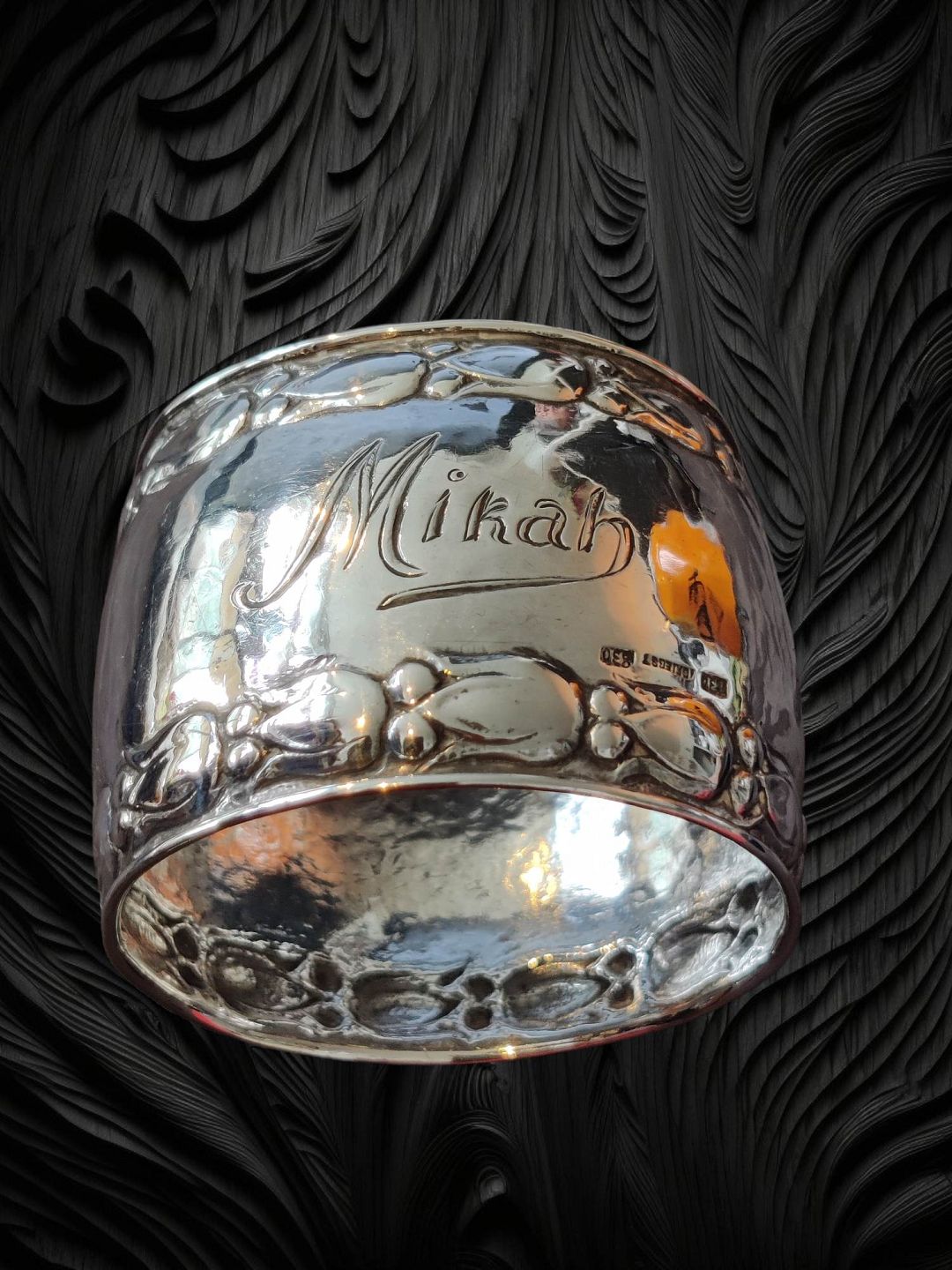 Griegst - 830 silver. napkin ring. Exceptionally good condition. "Mikah"; "who is like God?"